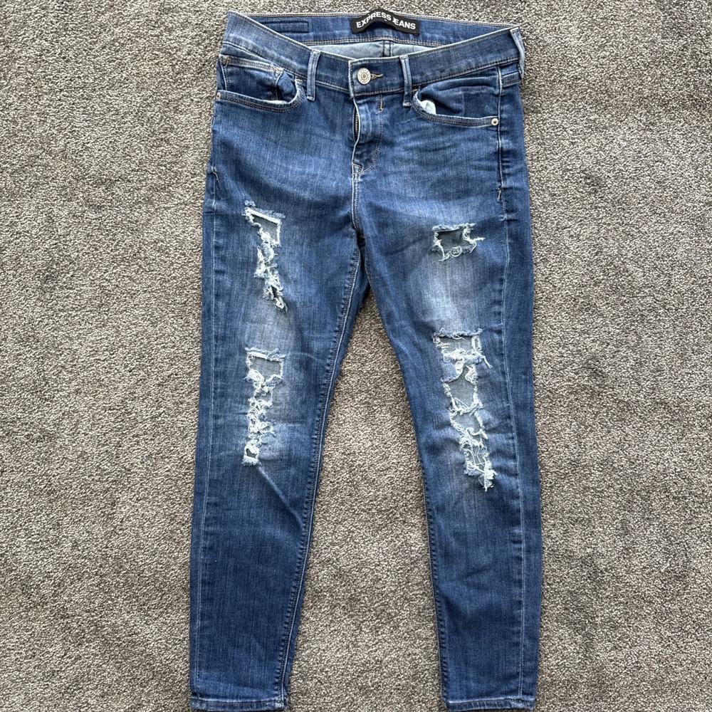 Womens 8 Short Express Jeans Legging Mid Rise Distressed Jegging Blue Medium Was